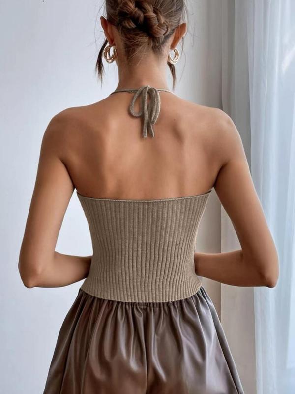 Women's Basic Backless Sleeveless Halter Neck Sweater Vest, Lady Casual Basic Simple Tie Back Knit Cami Top for Women, Knitting Camisole for Summer, Womenswear