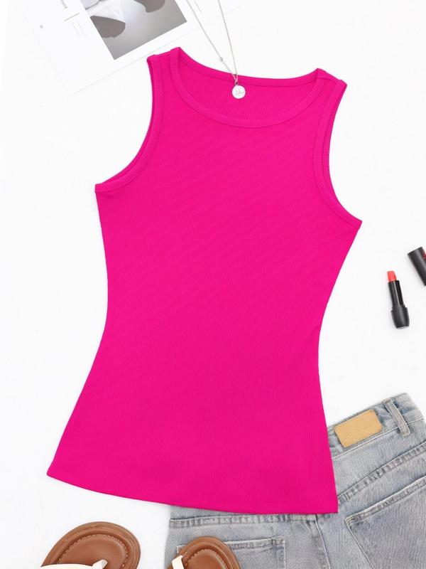 Women's Solid Round Neck Ribbed Tank Top, Casual Sleeveless Top for Summer, Ladies Clothes for Daily Wear