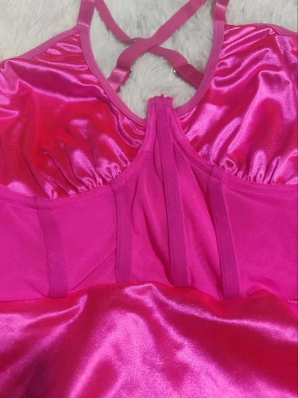 Plus Size Plain Criss Cross Backless Corset Satin Cami Nightdress, Elegant Adjustable Spaghetti Strap Nightgown, Women's Sleepwear for All Seasons