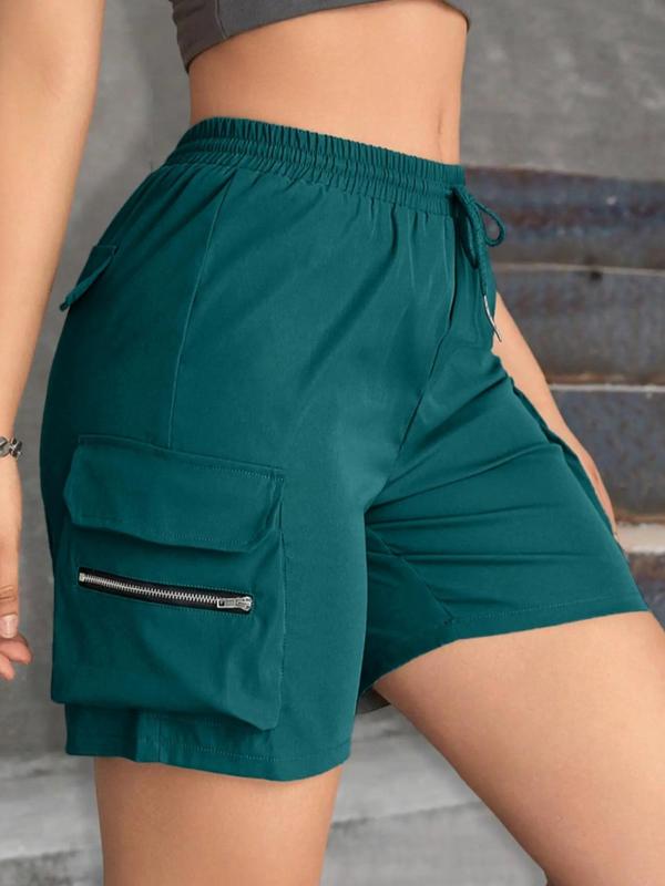 Women's Plain Zipper Drawstring Waist Shorts, Back To School Outfits, Casual Street Elastic Waist Pocket Straight Leg Shorts for Summer, Ladies Bottoms for Daily Wear