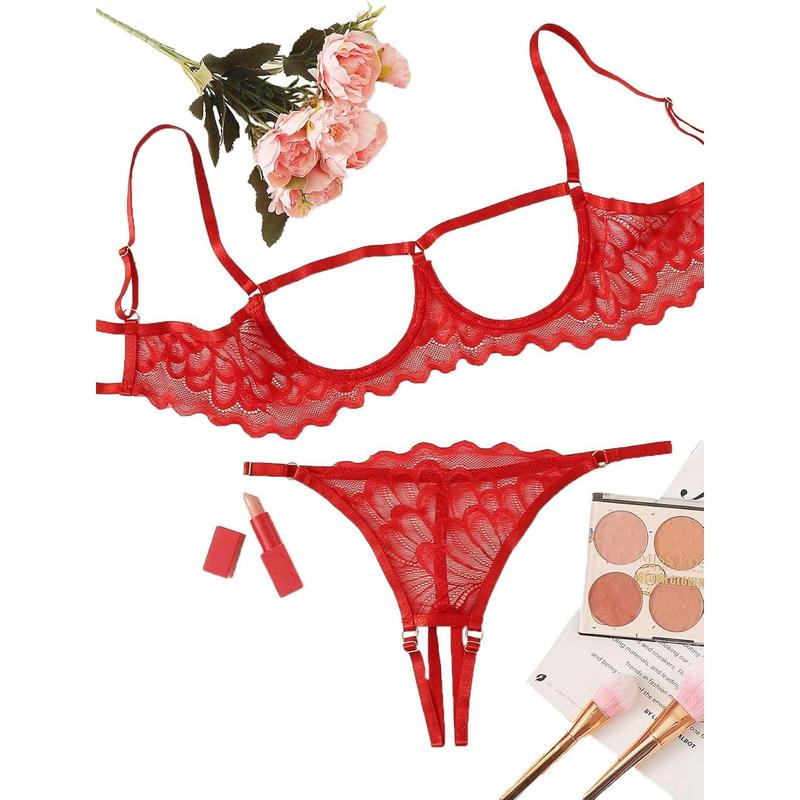 Sexy Underwire Floral Lace Sheer Lingerie Set for Women See Through Bra and Panty 2 Piece Underwear Womenswear