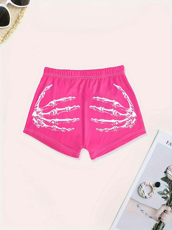Women's Skeleton Hand Print Skinny Shorts, Casual Elastic Waist Shorts for Summer, Ladies Bottoms for Daily Wear