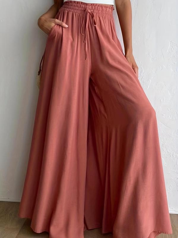 Women's Plain Pocket Drawstring Paper Bag Waist Wide Leg Pants, Casual High Waist Trousers for Fall, Back To School Pants for Women, Teacher Fall Outfits 2024, Women's Bottoms for Daily Wear, Fall Outfits, Fallfreshness, Black Girl Outfits