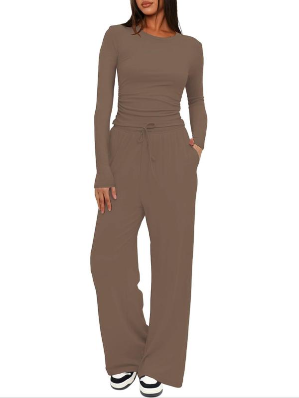 Women's Solid Long Sleeve Tee & Drawstring Waist Wide Leg Pants Loungewear Two-Piece Set, Casual Comfy Round Neck Top & Trousers PJ Set, Ladies Sleepwear for All Seasons