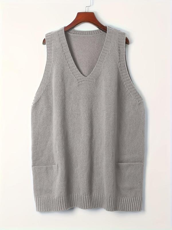  Solid Pocket V Neck Knit Tank Top, Casual Sleeveless Knitwear for Fall & Winter, Women's Clothing for Daily Wear