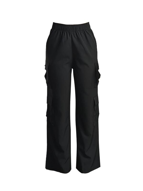 Plain Pocket Elastic Waist Cargo Pants for Women, Comfort Womenswear, Basic Street Style Straight Leg Trousers for Women for Daily Wear, Ladies Bottoms for Fall Downtown Girl Clothes