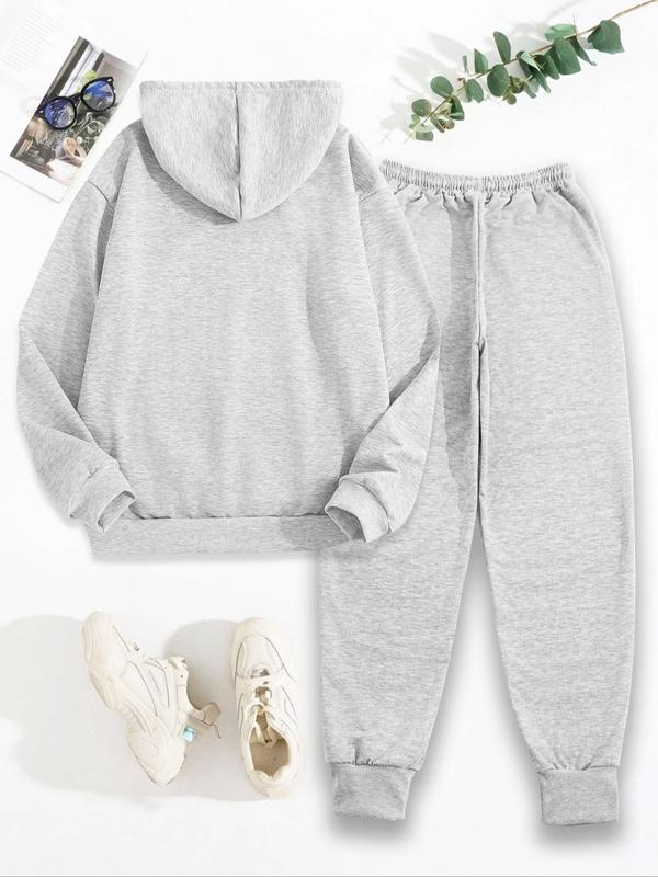 Women's Letter Print Pocket Drop Shoulder Hoodie & Drawstring Waist Sweatpants Two-piece Set, Casual Comfort Hoodie Cozy Breathable Two Piece Outfits for Daily Wear, Ladies Fall & Winter Clothes