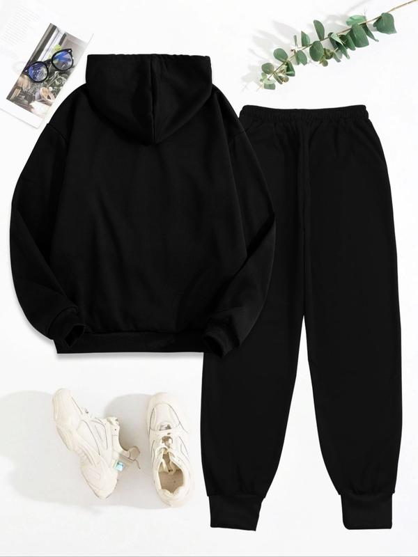 Women's Letter Print Pocket Drop Shoulder Hoodie & Drawstring Waist Sweatpants Two-piece Set, Casual Comfort Hoodie Cozy Breathable Two Piece Outfits for Daily Wear, Ladies Fall & Winter Clothes