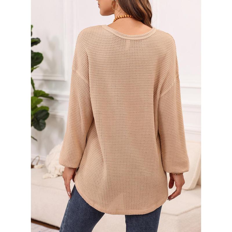Dokotoo Womens Tops 2024 Long Sleeve Crewneck Waffle Knit Shirts Business Casual Blouses Basic Shirts