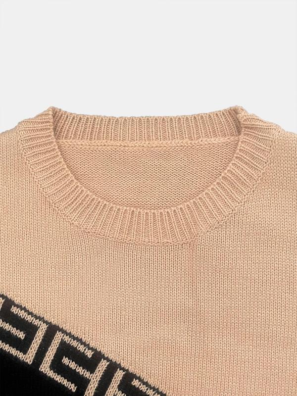 Women's Colorblock Patchwork Print Long Sleeve Sweater & Solid Elastic Waist Pants Set, Casual Round Neck Asymmetrical Sleeve Jumper & Trousers, Fall & Winter Clothes for Women