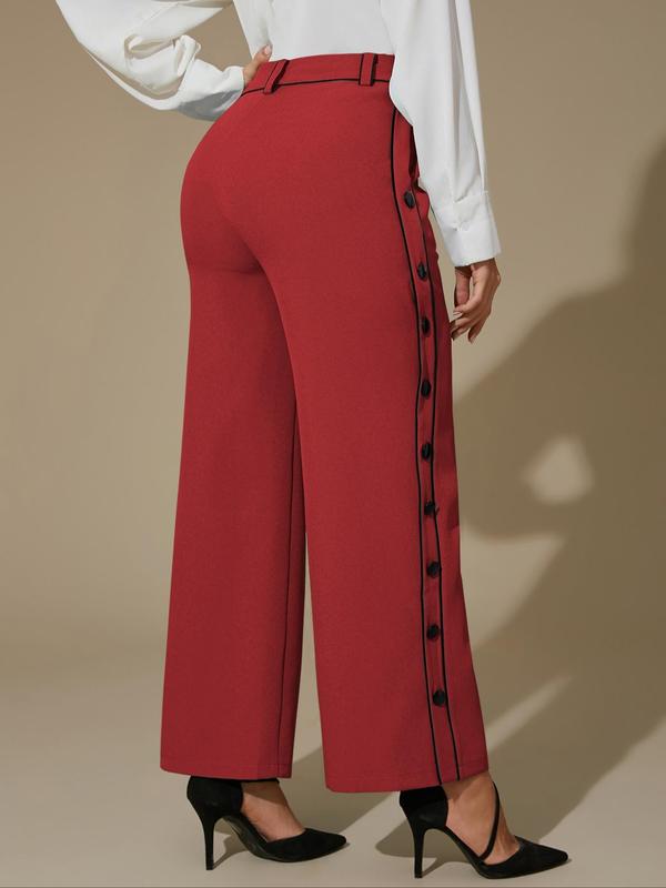 Women's Colorblock Button Wide Leg Pants, Casual Comfy High Waist Trousers for Daily Wear, Ladies Bottoms for All Seasons