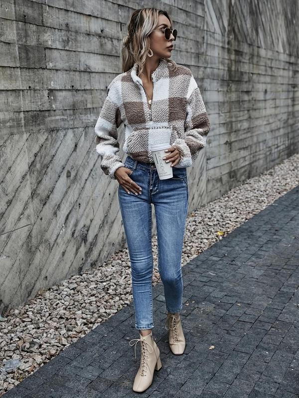Women's Plaid Print Half Zipper Placket Sweatshirt, Casual Drop Shoulder Mock Neck Pullover for Women, Cozy Winter Outfits, 2024 Black Friday Deals