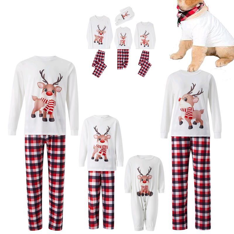 White Christmas Pajamas For Family, Long Sleeve Elk Printed Tops + Elastic Plaid Pants Romper Sets