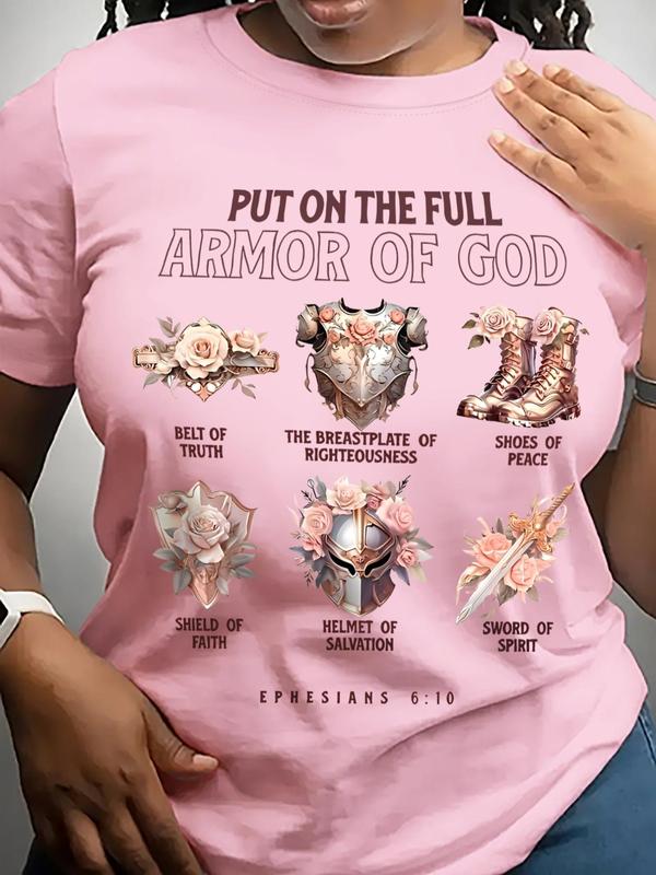 Women's Floral & Letter Print Round Neck Tee, Trendy Casual Short Sleeve T-Shirt for Daily Wear, Ladies All Seasons Outfit