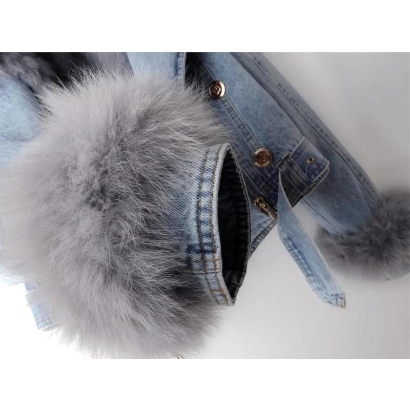Women Denim Jacket with Fur Warm Fur Collar Rabbit Fur Lined Denim Jacket Thicken Shaggy Winter Removable Cropped Top