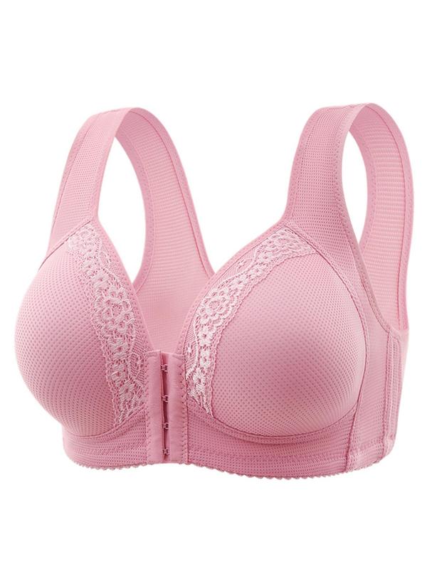Women's Contrast Lace Hook & Eye Closure Front Push Up Bra, Breathable Comfortable Wireless Bra, Solid Color Lingerie for Daily Wear