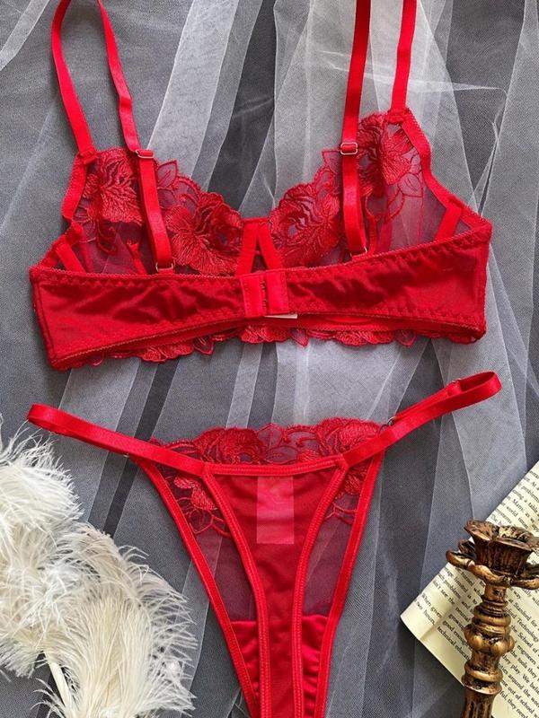 Women's Floral Embroidery Push Up Bra & Thong Sexy Lingerie Set, Sexy Comfy Breathable Underwear Set for Daily Wear, Women's Lingerie & Underwear for All Seasons