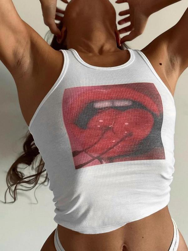 Women's Cherry & Mouth Print Scoop Neck Tank Top, Casual Tight-fitting Sleeveless Top for Summer, Ladies Clothes for Daily Wear