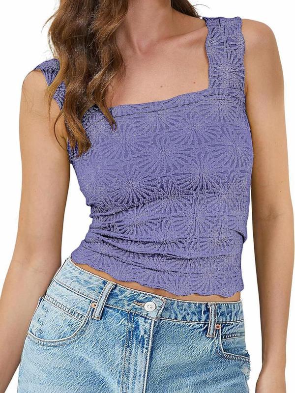 Women's Plain Textured Scallop Trim Crop Tank Top, Casual Sleeveless Cropped Top for Summer, Back To School Outfits, Tank Tops for Women, Fashion Women's Top for Daily Wear