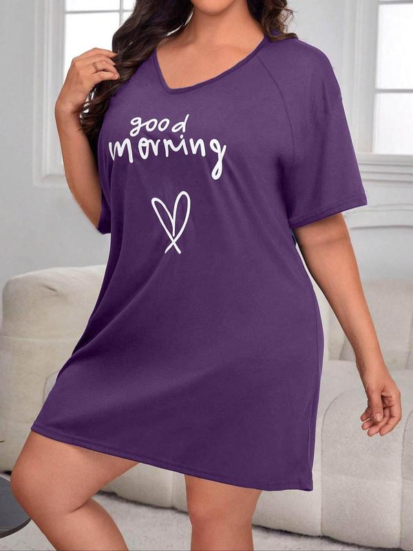  Letter & Heart Print V Neck Raglan Sleeve Tee Dress, Casual Half Sleeve Short Dress for Daily Wear, Women's Sleepwear for All Seasons