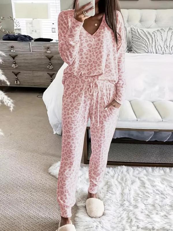 Two-Piece Set Women's Leopard Print Drop Shoulder Top & Drawstring Pants Pyjama Set, Casual Comfy Long Sleeve V Neck Top & Pocket Trousers PJ Set, Women's Sleepwear for Spring & Fall, Fluffy Pajamas