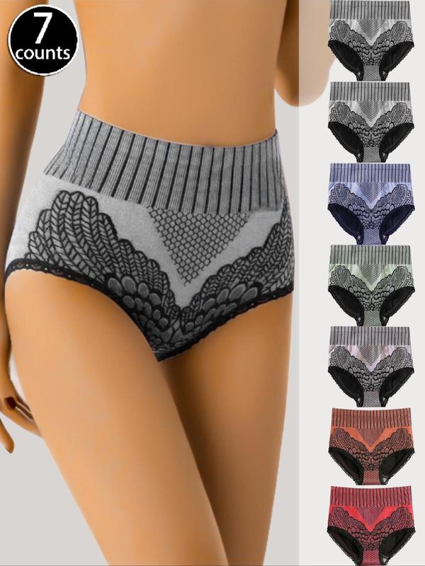 Women's All Over Print Contrast Lace Knickers, Casual Comfy Breathable Panty for Daily Wear, Ladies Underwear for All Seasons