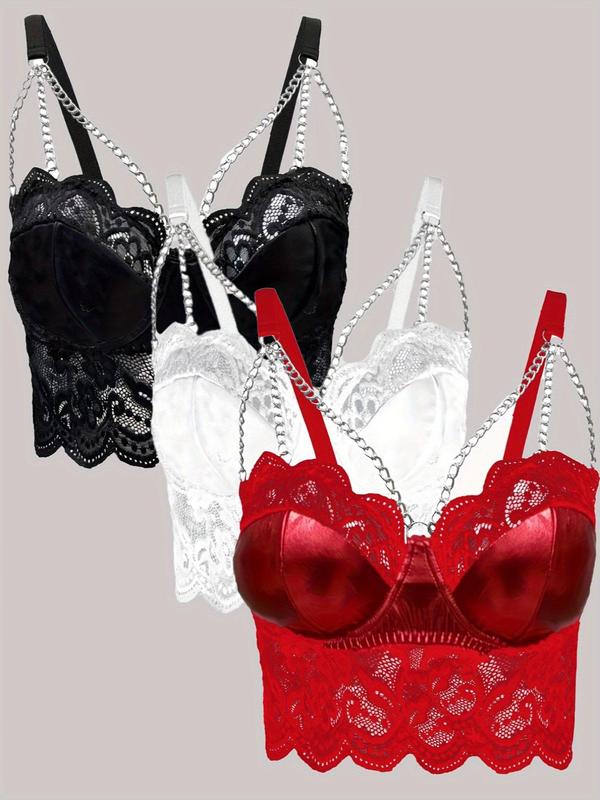  Chain Linked Wireless Floral Lace Bra, Sexy Adjustable Strap Push Up Bra, Women's Lingerie for All Seasons