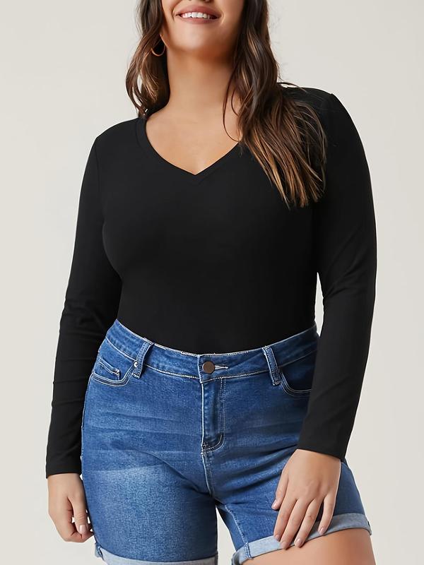  Solid Color V Neck Long Sleeve Tee, Casual Top, Basic T-Shirt for Spring & Fall, T Shirts for Women, Women's Plus Clothing for Daily Wear