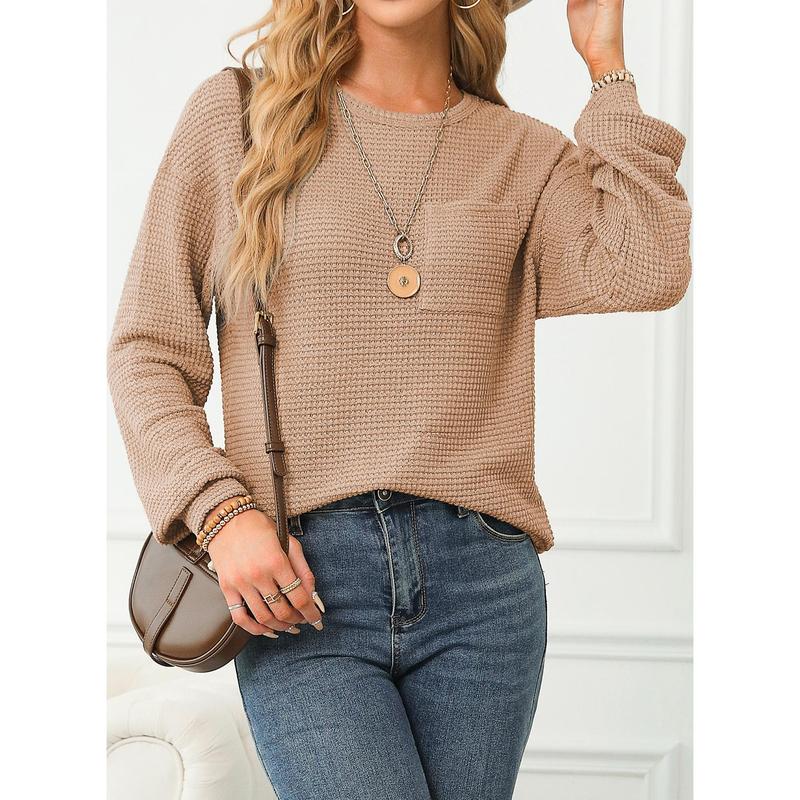 Dokotoo Womens Tops 2024 Long Sleeve Crewneck Waffle Knit Shirts Business Casual Blouses Basic Shirts