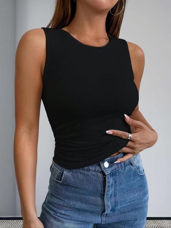 Women's Solid Round Neck Tank Top, Casual Sleeveless Top for Fall & Winter, Ladies Clothes for Daily Wear
