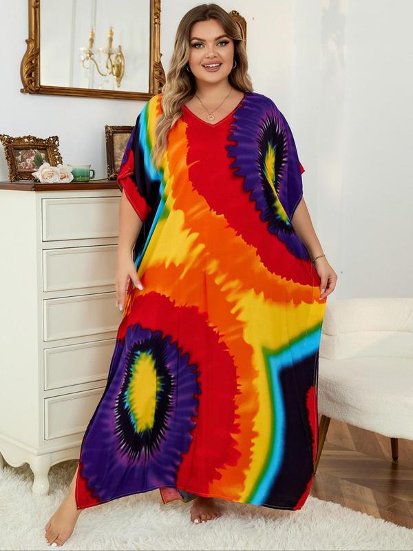  Colorful Graphic Batwing Sleeve Tunic Dress, Bohemian Muumuu Dress, Summer Outfits 2024, Casual Comfort V Neck Half Sleeve Split Long Dress for Lady, Women's Clothing for Summer