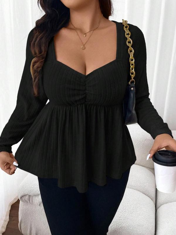  Solid Ruched Plicated Sweetheart Neck Tee, Casual Long Sleeve T-shirt for Fall & Winter, Women's Clothing for Daily Wear