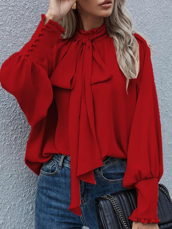 Women's Plain Frill Trim Tie Front Bishop Sleeve Button Blouse, Casual Mock Neck Long Sleeve Top for Daily Wear, Ladies Clothes for All Seasons Comfy Mom Outfits 2024