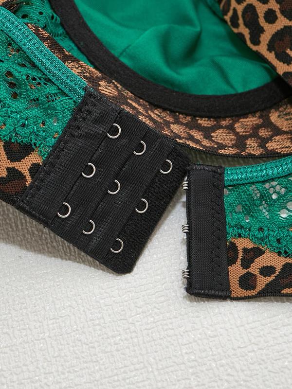 Women's Leopard Tape Contrast Lace Sexy Lingerie Set, Fashion Bow Decor Bra & Cut Out Thong Underwear Set, Lingerie Set for Women