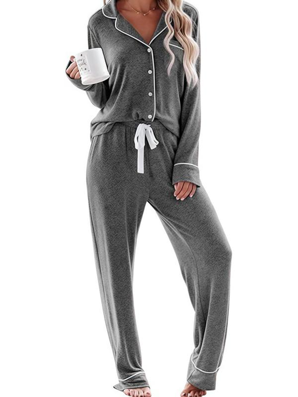 Two-piece Set Women's Contrast Binding Lapel Neck Pocket Shirt  & Elastic Waist Pants Lounge Set, Casual Comfy Long Sleeve Button Up Top & Trousers Pj Set, Women's Sleepwear for Fall & Winter