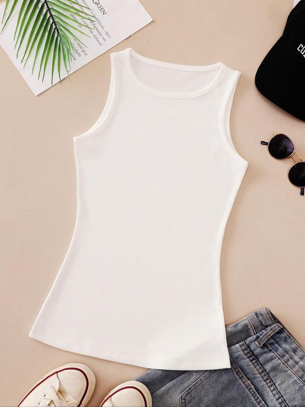 Women's Solid Round Neck Ribbed Tank Top, Casual Sleeveless Top for Summer, Ladies Clothes for Daily Wear