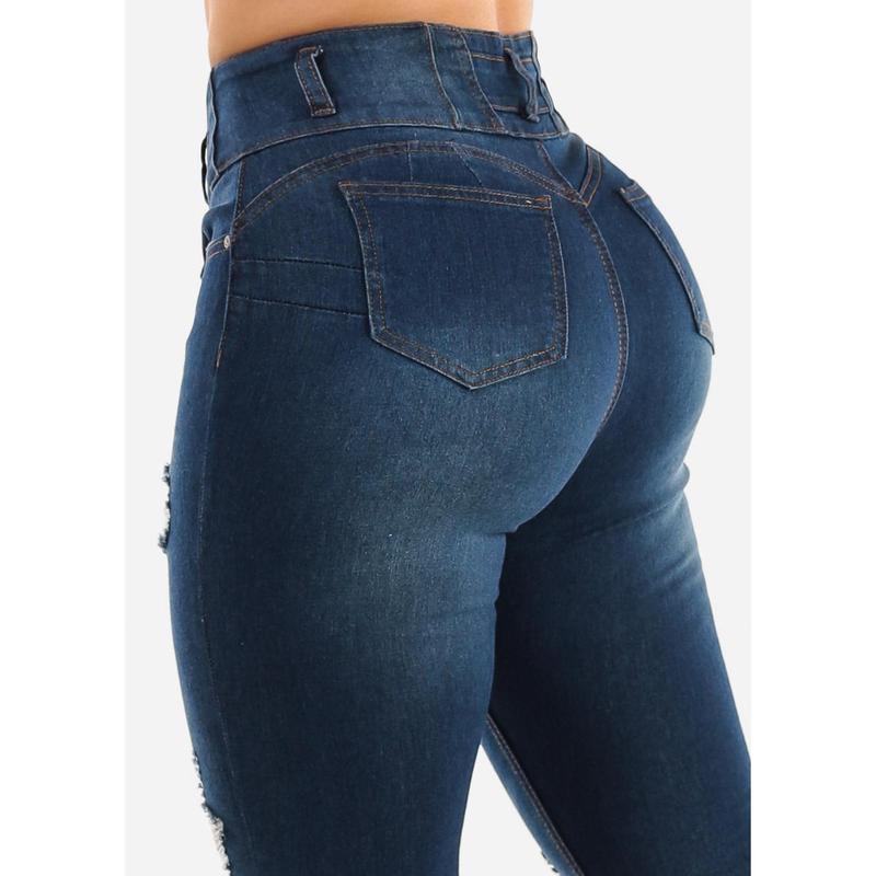 Butt Lift High Waist Ripped Skinny Jeans Med Blue