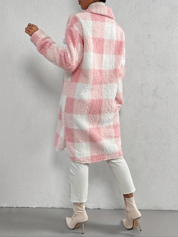 Women's Plaid Print Button Front Drop Shoulder Fuzzy Overcoat, Casual Jackets, Long Sleeve Collar Neck Pocket Outerwear for Fall & Winter, Women's Clothing for Daily Wear