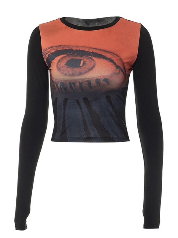 Women's Eye Graphic Print Round Neck Crop Tee, Street Fashion Tight-fitting Long Sleeve T-shirt for Daily Outdoor Wear, Women Top for Spring Fall