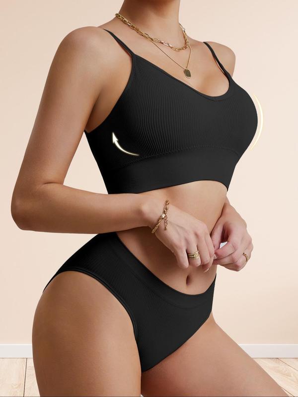 Women's Solid Color Wireless Bra & Panty Set, Comfortable Breathable Bra & Panty Set, Lingerie Set for Women