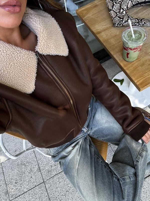 Women's Solid Color Collar Zip Up Faux Fur Jacket, Casual Long Sleeve Zip Front Outerwear for Spring & Fall, Ladies Clothes for Daily Wear