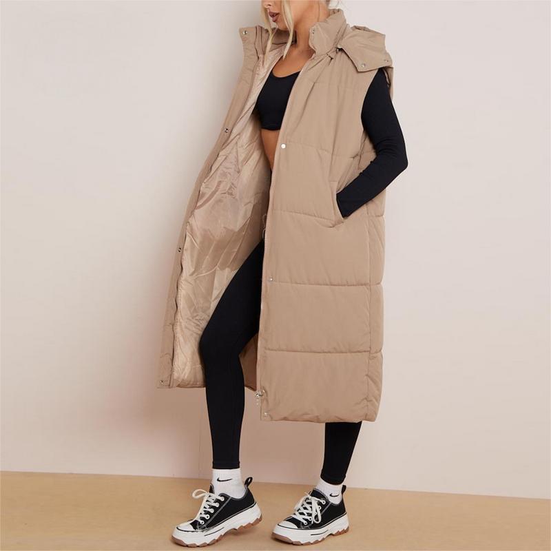 Womenswear Solid Button Front Design Longline Waistcoat for Fall &Hooded Winter Vest Coat, Comfort Pocket Winter, Minimalist Clothing for Daily Wear, Going Out Outfits,Women's Vests, Basic Tops