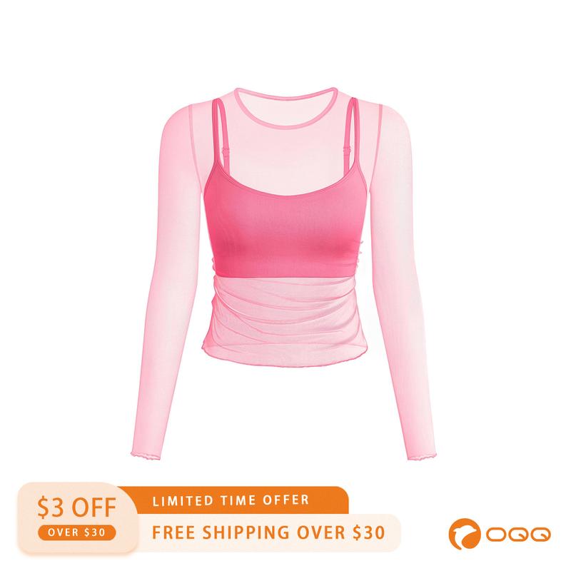 OQQ Women's Two Piece Sexy Tulle  See-through  Long Sleeve Coat And Chest Pad Bra Womenswear Leggings