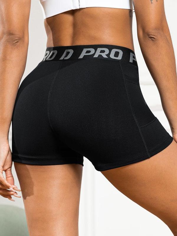 Women's Letter Tape Pocket Contrast Mesh Shorts, Casual Comfy Breathable High Stretch Quick Drying Shorts for Summer, Ladies Bottoms for Daily Wear