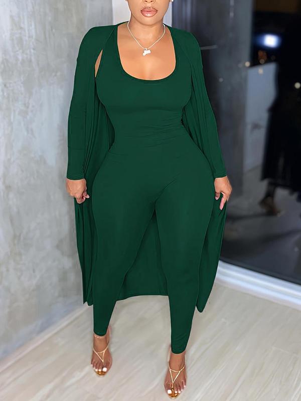 Two-piece Set Women's Solid Open Front Long Sleeve Longline Outwear  & Skinny Jumpsuit, Casual Fashion Cozy Outfits for Daily Outdoor Wear, Women Clothes for Fall & Winter