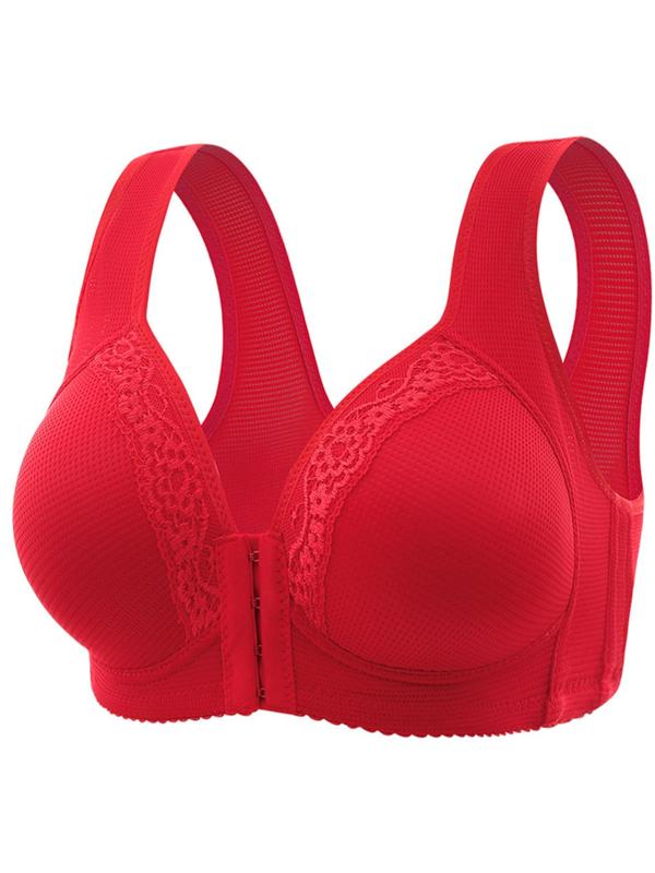 Women's Contrast Lace Hook & Eye Closure Front Push Up Bra, Breathable Comfortable Wireless Bra, Solid Color Lingerie for Daily Wear
