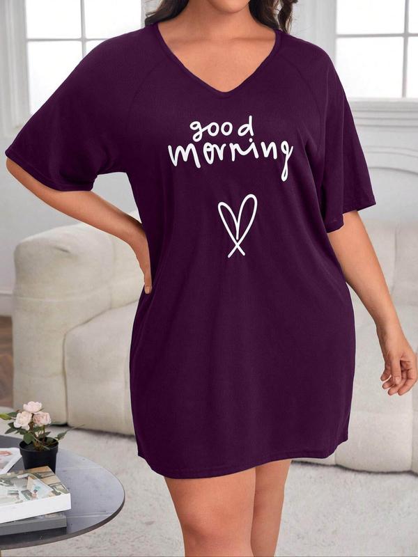  Letter & Heart Print V Neck Raglan Sleeve Tee Dress, Casual Half Sleeve Short Dress for Daily Wear, Women's Sleepwear for All Seasons