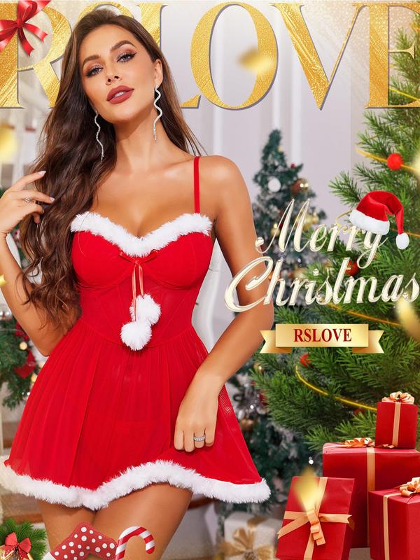 RSLOVE Women's Christmas Babydoll Spaghetti Strap Lingerie - Sexy Santa Chemise Holiday Outfits - Bodysuits, Womenswear Underwear Lady Comfort Cute