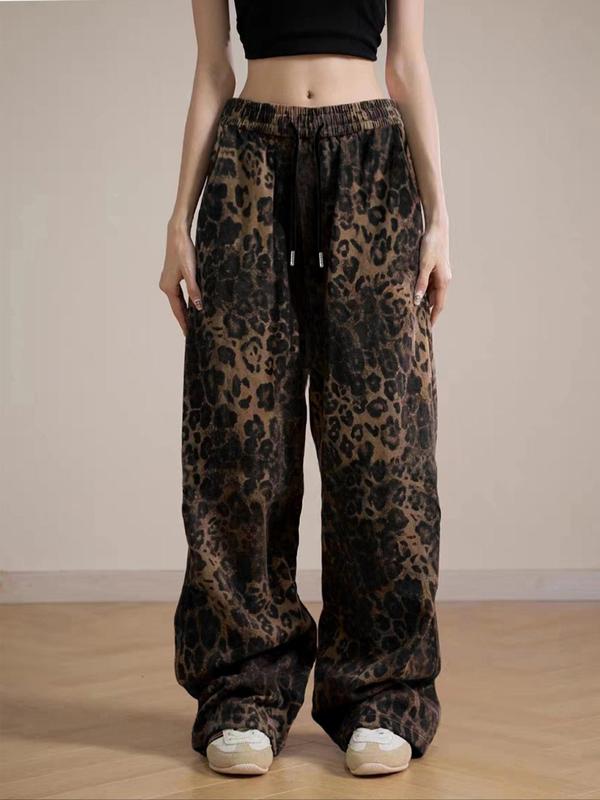 Women's Leopard Print Drawstring Waist Sweatpants, Casual Elastic Waist Pocket Wide Leg Trousers for Fall & Winter, Women's Bottoms for Daily Wear