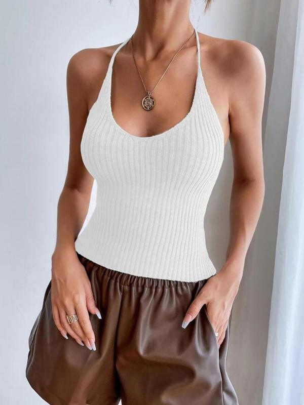 Women's Basic Backless Sleeveless Halter Neck Sweater Vest, Lady Casual Basic Simple Tie Back Knit Cami Top for Women, Knitting Camisole for Summer, Womenswear
